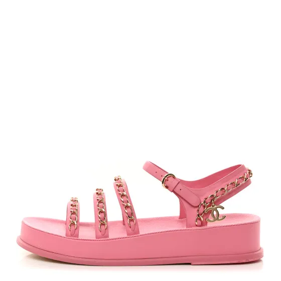 CHANEL Calfskin Chain Platform Sandals 37 Pink 0121