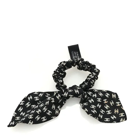 CHANEL Silk Twill CC Scarf Hair Tie Black White 0112