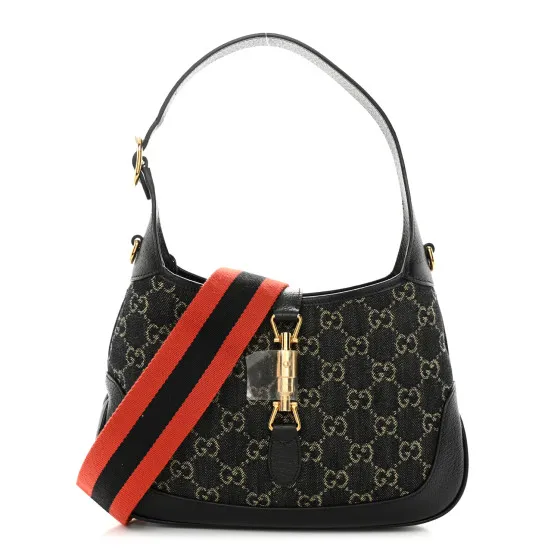 GUCCI Jacquard Denim GG Monogram Small Jackie 1961 Hobo Black Ivory 0125