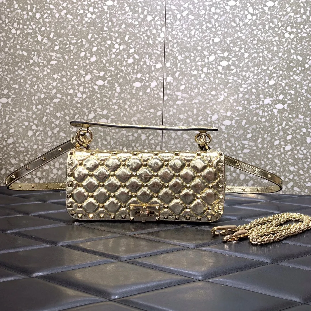 VALENTINO ROCKSTUD SPIKE SHOULDER BAG IN CRACKLE-EFFECT METALLIC 0120