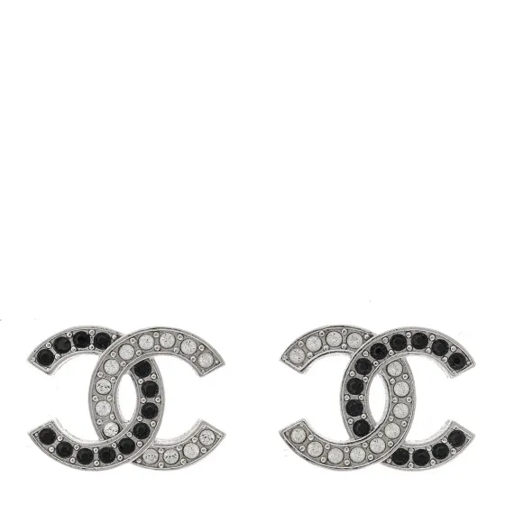 CHANEL Crystal CC Earrings Silver Black 0130