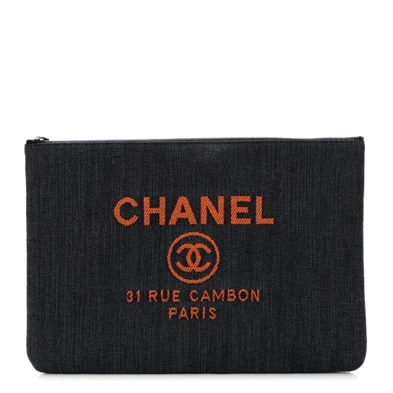 CHANEL Denim Large Deauville Pouch Clutch Blue Orange 0112