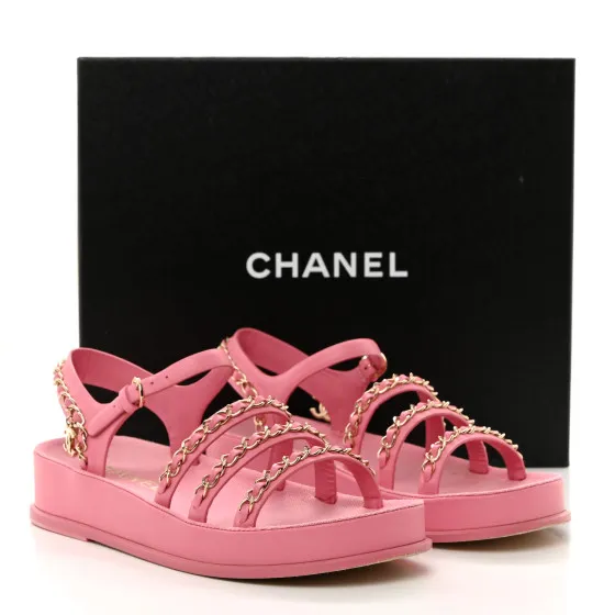 Repladies offers premium fake Louis bags at unbeatable prices. Our products are cheap because we focus on direct sales CHANEL Calfskin Chain Platform Sandals 37 Pink 0121