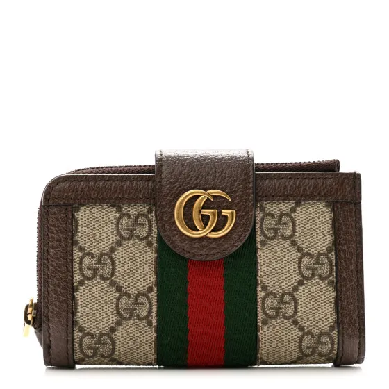 GUCCI GG Supreme Monogram Textured Dollar Calfskin Web Ophidia Overlay Zip Around Card Case Wallet Beige Ebony New Acero 0112