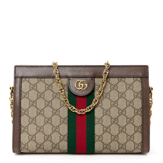 GUCCI GG Supreme Monogram Web Small Ophidia Chain Shoulder Bag Brown 0128